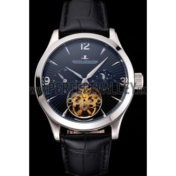 Jaeger LeCoultre Master Moonphase Tourbillon Black Dial Stainless Steel Case Black Leather Strap Replica