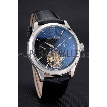 Jaeger LeCoultre Master Moonphase Tourbillon Black Dial Stainless Steel Case Black Leather Strap Replica