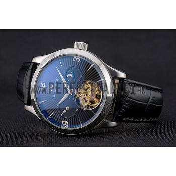 Jaeger LeCoultre Master Moonphase Tourbillon Black Dial Stainless Steel Case Black Leather Strap Replica