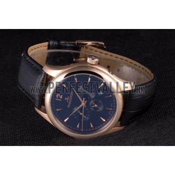 Jaeger Lecoultre Master Chronograph Gold Bezel Black Leather Band  621619 Replica