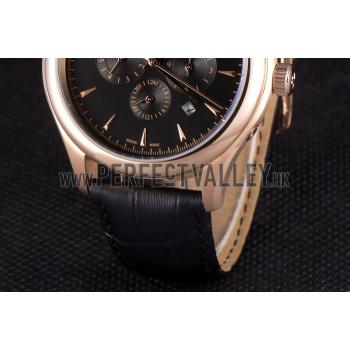 Jaeger Lecoultre Master Chronograph Gold Bezel Black Leather Band  621619 Replica