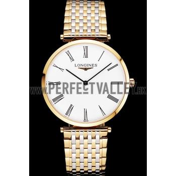 Swiss Longines Grande Classique White Dial Roman Numerals Gold Case Two Tone Bracelet