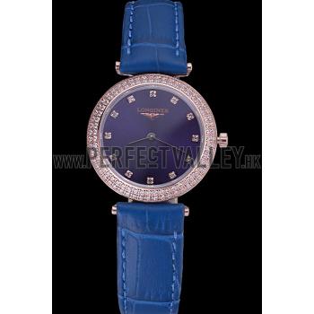 Replica Longines La Grande Classique Blue Round Dial Diamond Case Diamond Numerals Blue Leather Band  622386