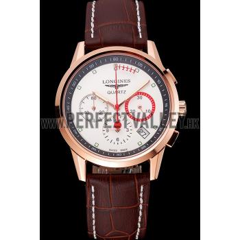 Longines Column Wheel White Dial Gold Case Brown Leather Strap Replica