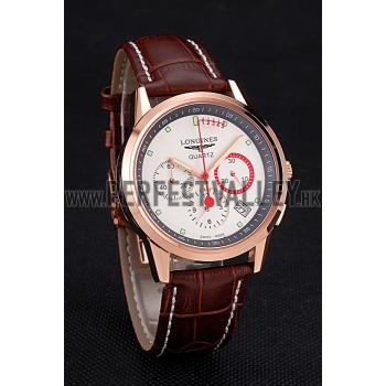 Longines Column Wheel White Dial Gold Case Brown Leather Strap Replica