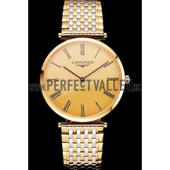 Swiss Longines Grande Classique Gold Dial Roman Numerals Gold Case Two Tone Bracelet