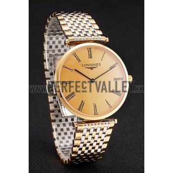 Swiss Longines Grande Classique Gold Dial Roman Numerals Gold Case Two Tone Bracelet