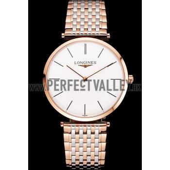 Swiss Longines Grande Classique White Dial Rose Gold Case Two Tone Bracelet