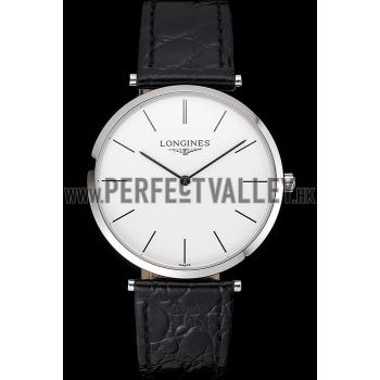 Swiss Longines Grande Classique White Dial Stainless Steel Case Black Leather Strap