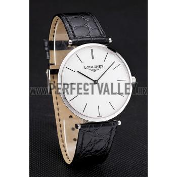 Swiss Longines Grande Classique White Dial Stainless Steel Case Black Leather Strap