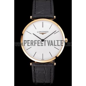 Cheap Swiss Longines Grande Classique White Dial Gold Case Black Leather Strap