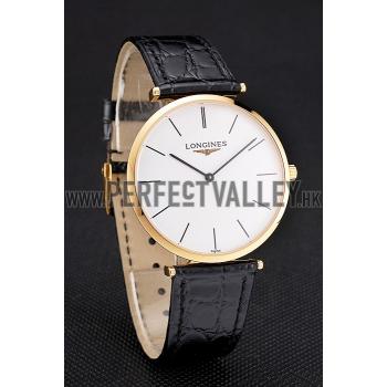 Cheap Swiss Longines Grande Classique White Dial Gold Case Black Leather Strap