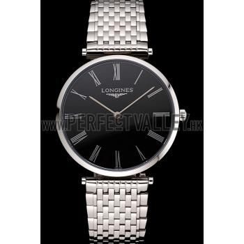 Replica Swiss Longines Grande Classique Black Dial Roman Numerals Stainless Steel Case And Bracelet