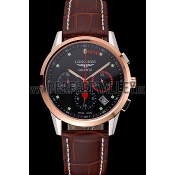 Longines Column Wheel Black Dial Two Tone Case Brown Leather Strap