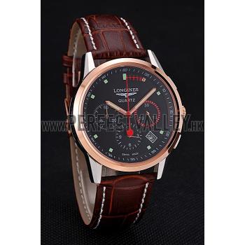 Longines Column Wheel Black Dial Two Tone Case Brown Leather Strap