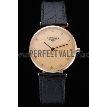 Replica Longines La Grande Classique Champagne Dial Black Leather Band Diamond Markers Homme  622121