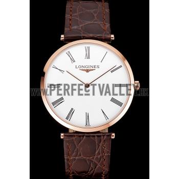 Swiss Longines Grande Classique White Dial Roman Numerals Rose Gold Case Brown Leather Strap