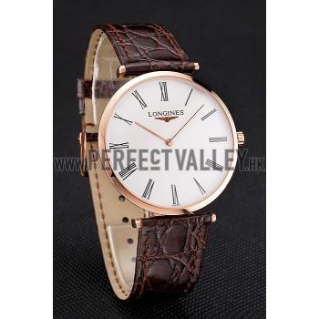 Swiss Longines Grande Classique White Dial Roman Numerals Rose Gold Case Brown Leather Strap