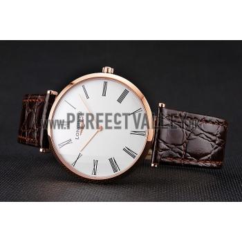 Swiss Longines Grande Classique White Dial Roman Numerals Rose Gold Case Brown Leather Strap