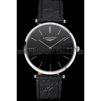 Replica Swiss Longines Grande Classique Black Dial Stainless Steel Case Black Leather Strap