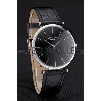 Replica Swiss Longines Grande Classique Black Dial Stainless Steel Case Black Leather Strap