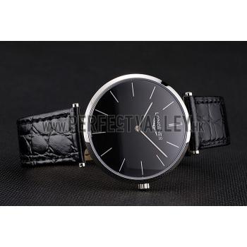 Replica Swiss Longines Grande Classique Black Dial Stainless Steel Case Black Leather Strap