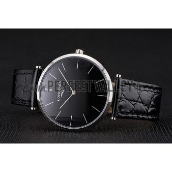 Replica Swiss Longines Grande Classique Black Dial Stainless Steel Case Black Leather Strap