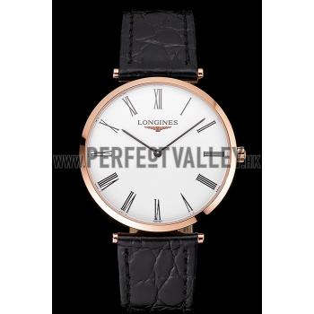 Swiss Longines Grande Classique White Dial Roman Numerals Rose Gold Case Black Leather Strap Replica