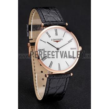 Swiss Longines Grande Classique White Dial Roman Numerals Rose Gold Case Black Leather Strap Replica