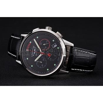 Longines Column Wheel Black Dial Silver Stainless Steel Case Black Leather Strap