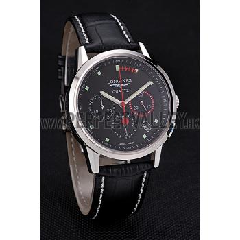 Longines Column Wheel Black Dial Silver Stainless Steel Case Black Leather Strap