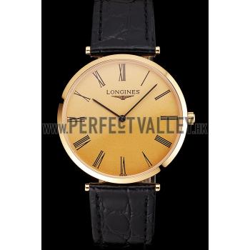 Swiss Longines Grande Classique Gold Dial Roman Numerals Gold Case Black Leather Strap