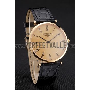 Swiss Longines Grande Classique Gold Dial Roman Numerals Gold Case Black Leather Strap