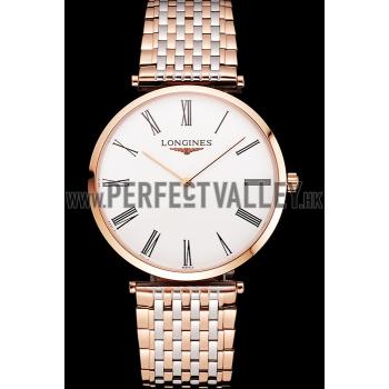 Swiss Longines Grande Classique White Dial Roman Numerals Rose Gold Case Two Tone Bracelet