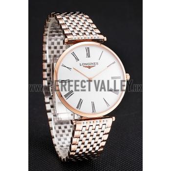 Swiss Longines Grande Classique White Dial Roman Numerals Rose Gold Case Two Tone Bracelet