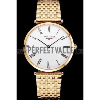 Swiss Longines Grande Classique White Dial Roman Numerals Gold Case And Bracelet