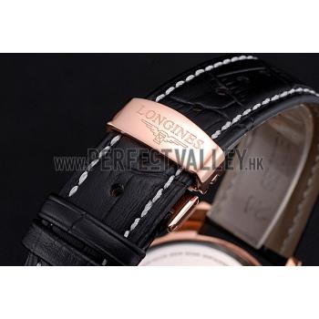 Longines Column Wheel Black Dial Gold Case Black Leather Strap