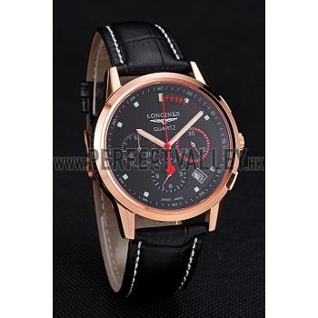 Longines Column Wheel Black Dial Gold Case Black Leather Strap