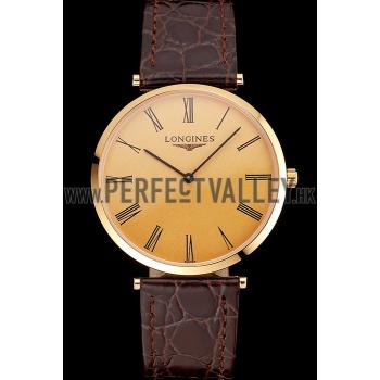 Cheap Swiss Longines Grande Classique Gold Dial Roman Numerals Gold Case Brown Leather Strap