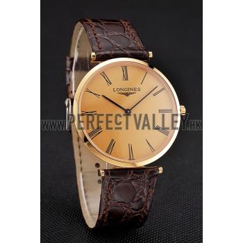 Cheap Swiss Longines Grande Classique Gold Dial Roman Numerals Gold Case Brown Leather Strap