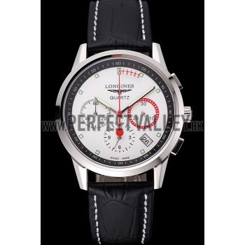 Longines Column Wheel White Dial Silver Stainless Steel Case Black Leather Strap