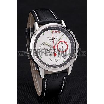 Longines Column Wheel White Dial Silver Stainless Steel Case Black Leather Strap