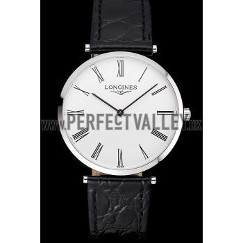 Swiss Longines Grande Classique White Dial Roman Numerals Stainless Steel Case Black Leather Strap