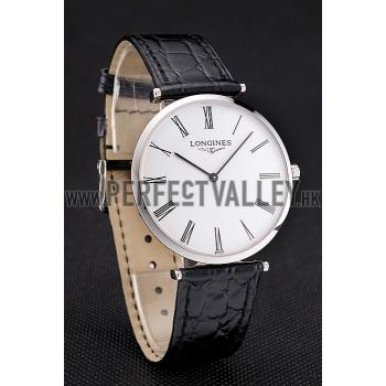 Swiss Longines Grande Classique White Dial Roman Numerals Stainless Steel Case Black Leather Strap