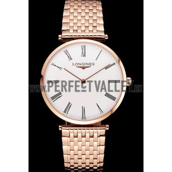 Replica Swiss Longines Grande Classique White Dial Roman Numerals Rose Gold Case And Bracelet