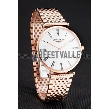 Replica Swiss Longines Grande Classique White Dial Roman Numerals Rose Gold Case And Bracelet