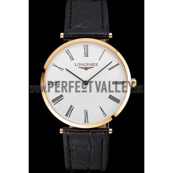 Swiss Longines Grande Classique White Dial Roman Numerals Gold Case Black Leather Strap