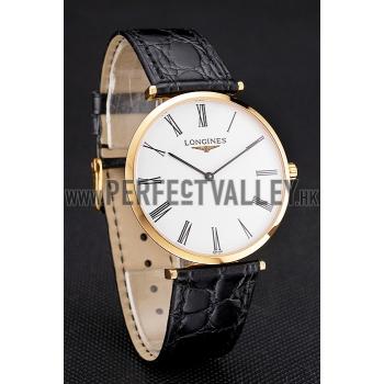 Swiss Longines Grande Classique White Dial Roman Numerals Gold Case Black Leather Strap