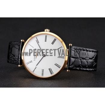 Swiss Longines Grande Classique White Dial Roman Numerals Gold Case Black Leather Strap