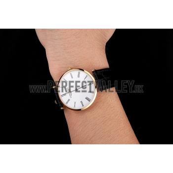 Swiss Longines Grande Classique White Dial Roman Numerals Gold Case Black Leather Strap